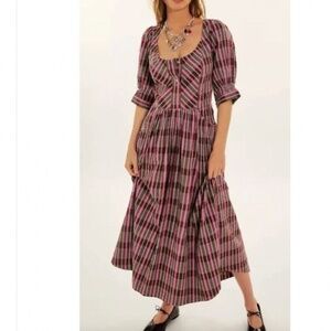 FREE PEOPLE Tulie Plaid Midi Dress Purple Brown Medium
